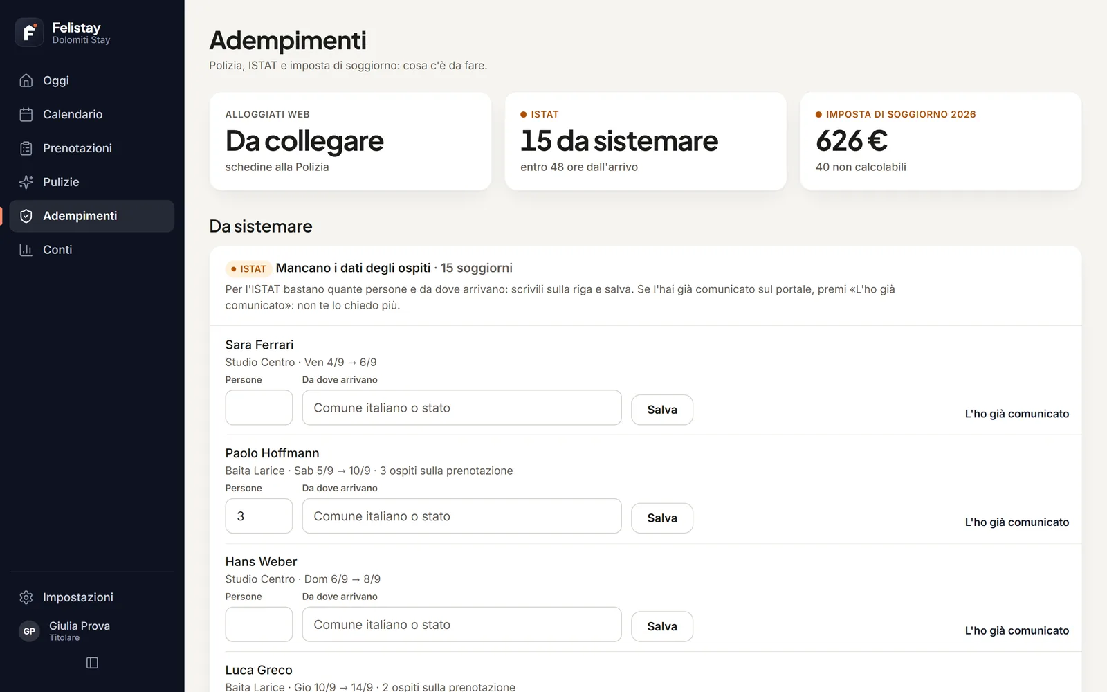 La pagina Adempimenti con lo stato di Alloggiati Web, ISTAT e imposta di soggiorno