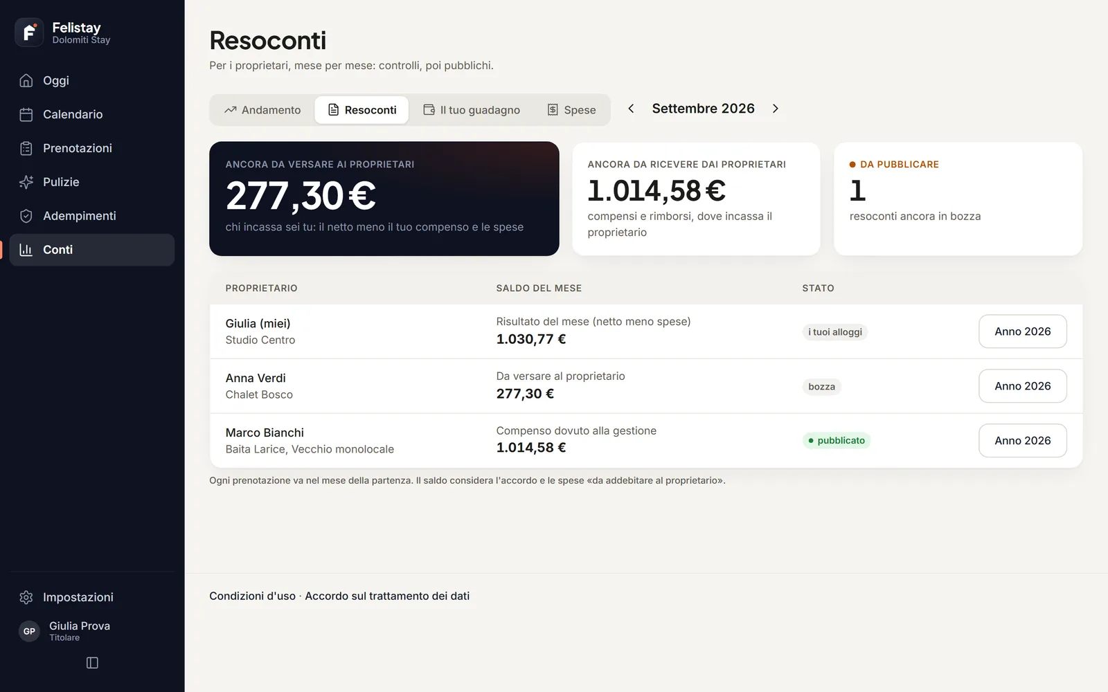 I resoconti del mese per i proprietari, con i totali da versare e da ricevere